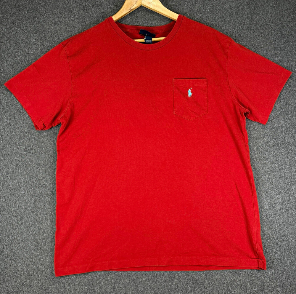 Polo Ralph Lauren Mens Large Red Pocket T Shirt Cotton Blue Pony Short Sleeve